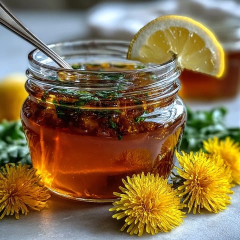 Golden dandelion jelly with fresh lemon zest and honey, spread on warm buttered toast in soft morning light.