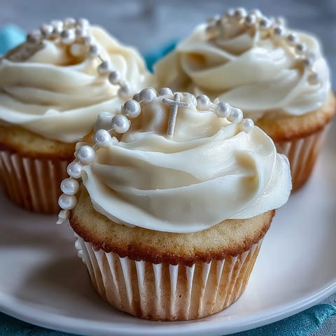 Delicate vanilla mini cupcakes topped with smooth buttercream and fondant rosary toppers for First Communion celebrations.