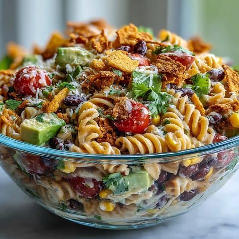 Vibrant taco pasta salad with colorful veggies, creamy dressing, and crunchy tortilla chips—perfect for summer potlucks.