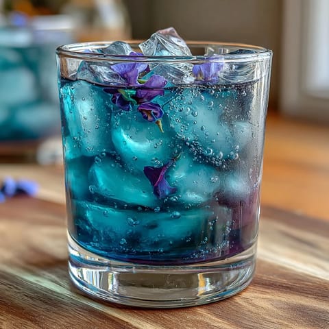 Vibrant blue butterfly pea flower lemonade transforms to purple with fresh lemon juice, served over ice with lemon slices.