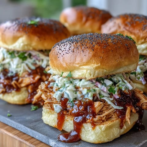 Juicy BBQ chicken sliders topped with tangy coleslaw on soft toasted buns, perfect for 4th of July parties.  
