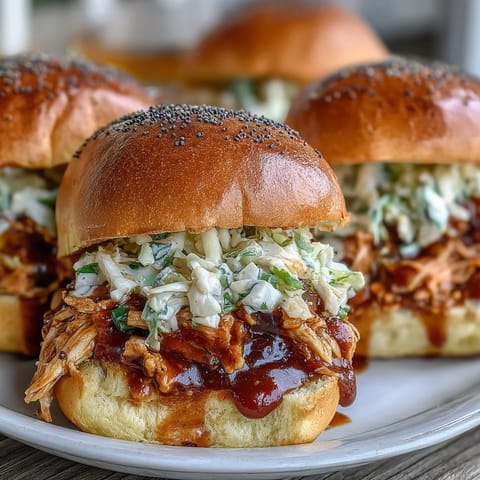 Tender shredded BBQ chicken and crisp coleslaw piled high on slider buns, ideal for summer BBQs.  