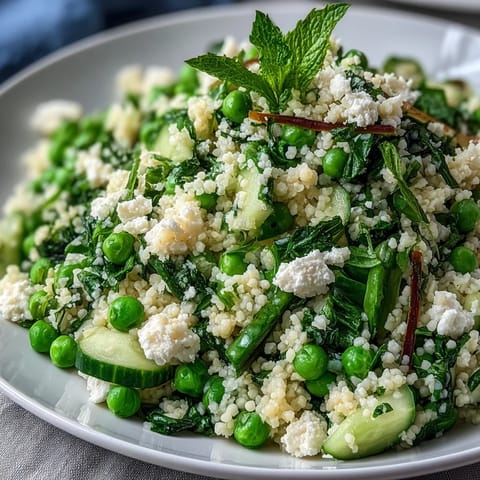 A bowl of Spring Pea and Mint Couscous Salad, featuring fluffy couscous, bright peas, and aromatic mint, drizzled with lemon dressing.