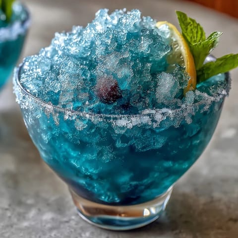 Vibrant blue raspberry lemonade slushie with crushed ice, garnished with fresh lemon slices and mint, served in a chilled glass.