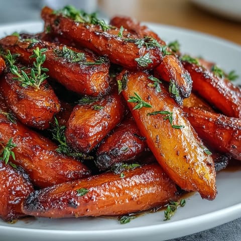 Honey Glazed Roasted Carrots with Thyme—golden and caramelized, perfect for a festive holiday table.