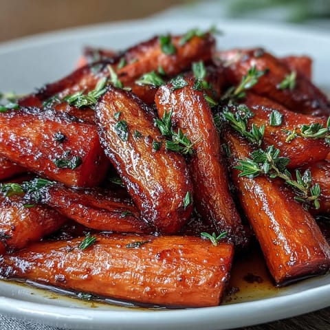 Aromatic honey-glazed carrots roasted with fresh thyme, offering a sweet and savory side dish for any meal.