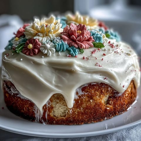 Simple First Communion sheet cake with buttercream flowers, a tender vanilla cake topped with smooth frosting and delicate floral decorations.