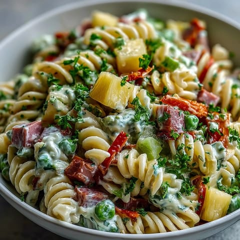 Hawaiian Pasta Salad with Ham, Pineapple, and Ranch in a creamy bowl, topped with fresh parsley and colorful vegetables.