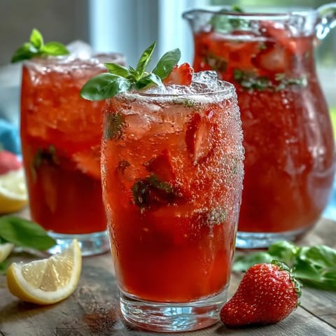 A vibrant pitcher of strawberry basil lemonade mocktail with fresh berries and herbs, perfect for summer gatherings.