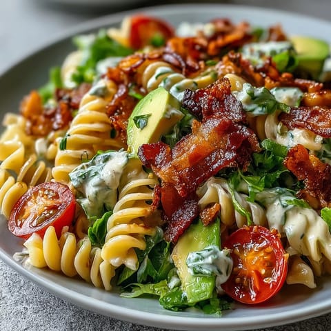 A creamy BLT pasta salad with bacon, avocado, and fresh lettuce, tossed in a zesty lemon dressing.