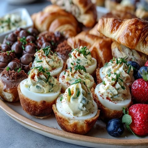 Easter Brunch Board with Deviled Eggs, Fruit, and Pastries, arranged on a large wooden board with colorful seasonal fruit, golden pastries, and creamy deviled eggs garnished with paprika and chives.