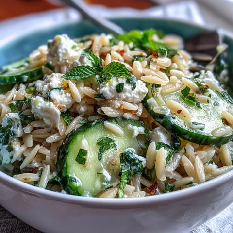 Orzo salad with cucumber, feta, and lemon dressing, vibrant and refreshing.