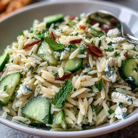 Bright orzo salad with feta and cucumber, perfect summer side dish.