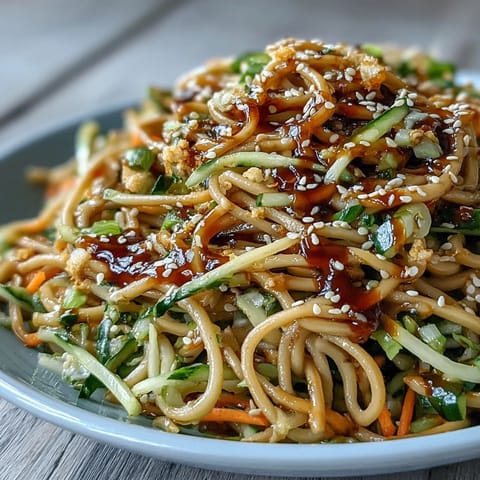 Cold soba noodle salad with sesame ginger dressing, piled high and vibrant.