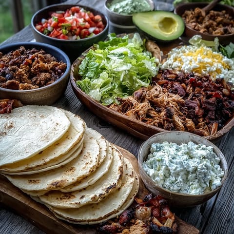 Festive DIY Taco Bar for Outdoor BBQ, with warm tortillas and vibrant fixings.