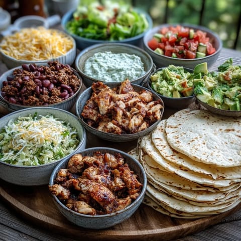 DIY Taco Bar for Outdoor BBQ, colorful toppings ready for assembly.