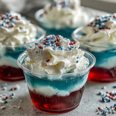Alcohol-free Firecracker Jello Shots boast red, white, and blue layers.