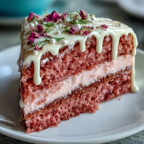 Elegantly adorned Bridal Shower Rosé Velvet Cake with shimmering gold edible drip.
