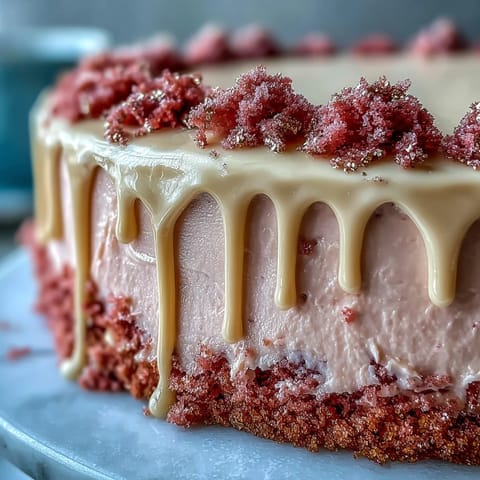 Elegant Bridal Shower Rosé Velvet Cake with shimmering gold drip, a luxurious dessert.