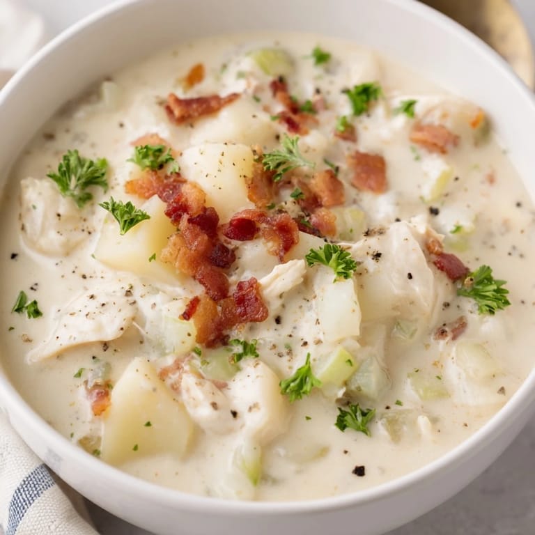 Rich and velvety Creamy New England Clam Chowder steaming with tender clams and potatoes.