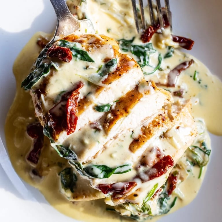 Easily prepare One-Pan Creamy Tuscan Chicken, served with crusty bread for a delightful meal.