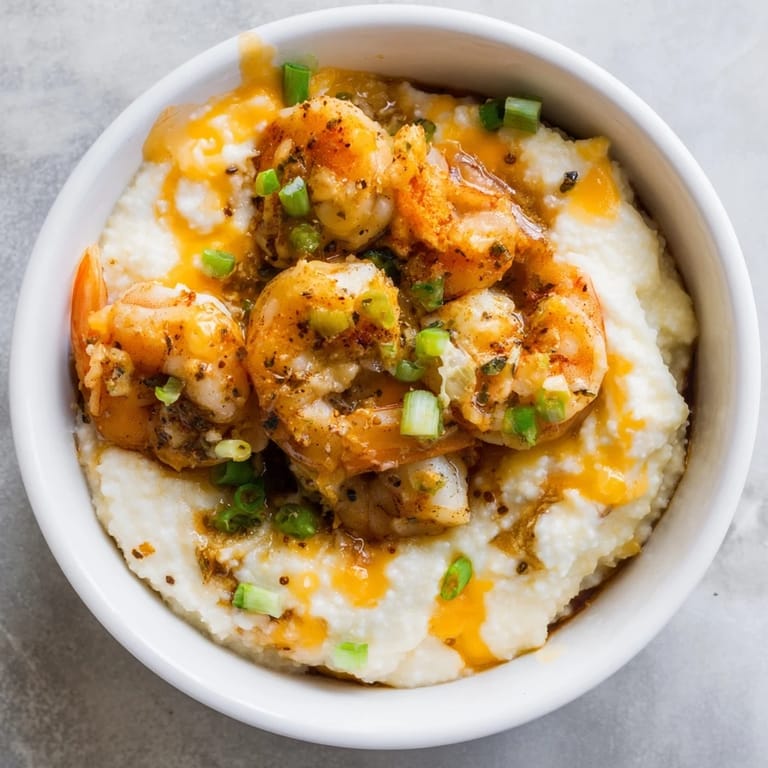 A comforting bowl of Cajun shrimp and grits garnished with fresh scallions.  