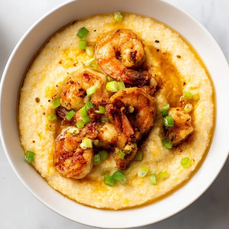 Indulgent Cajun shrimp and cheesy grits served warm, perfect for any meal.