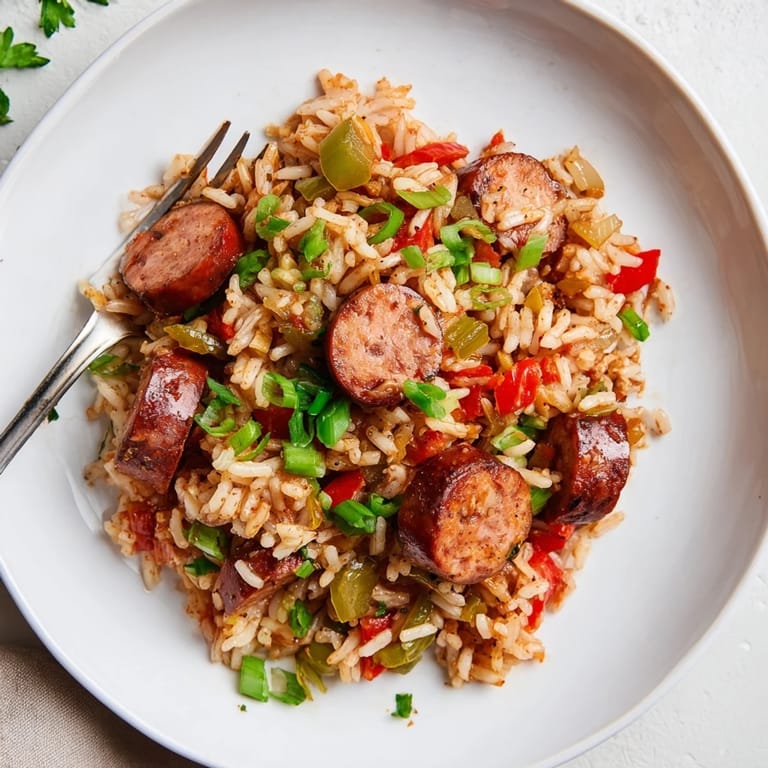 Satisfying One-Pot Cajun Sausage and Rice bubbling in a skillet, rich in spices.