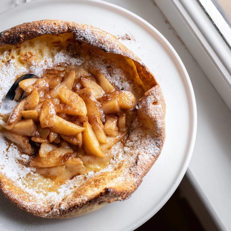 Golden-brown Warm Apple Cinnamon Dutch Baby, deliciously served with maple syrup or whipped cream.