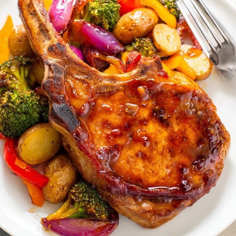 Delicious Sheet Pan Honey Garlic Pork Chops glazed with sweet sauce and colorful veggies.  