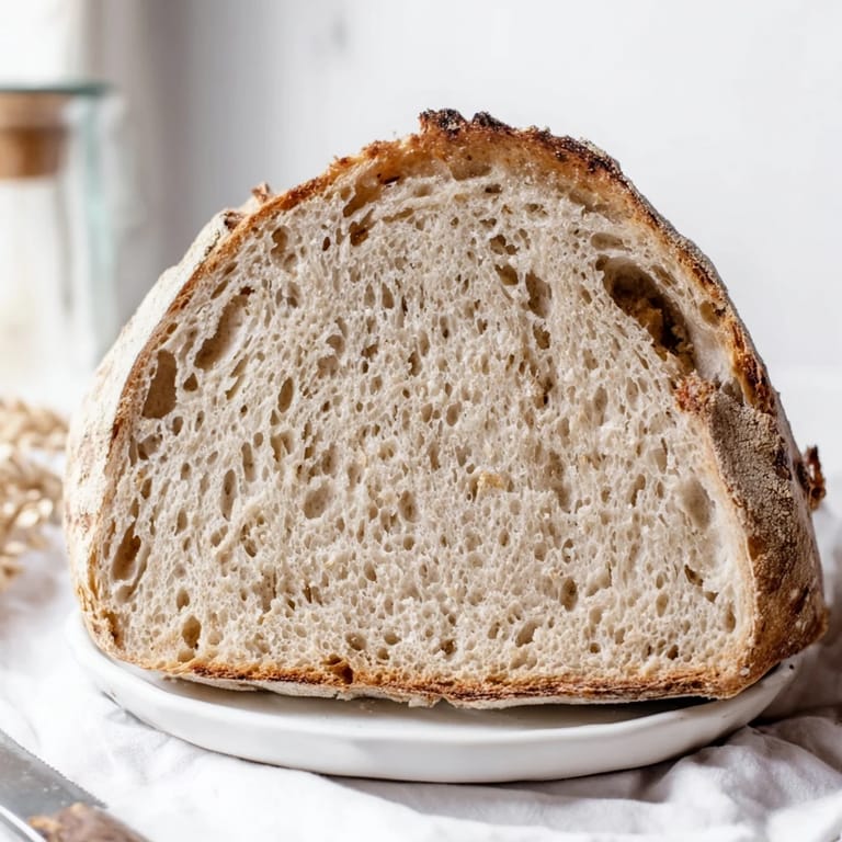 Rustic Quick No-Knead Artisan Bread loaf, ideal for serving with hearty soups and stews.