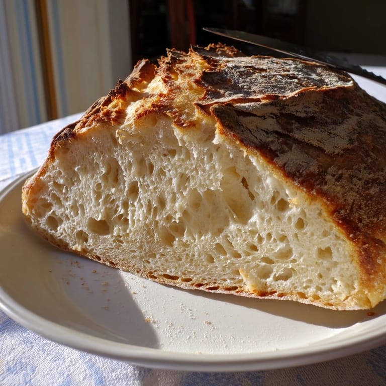 Freshly baked Quick No-Knead Artisan Bread cooling on a wire rack, begging to be sliced.  