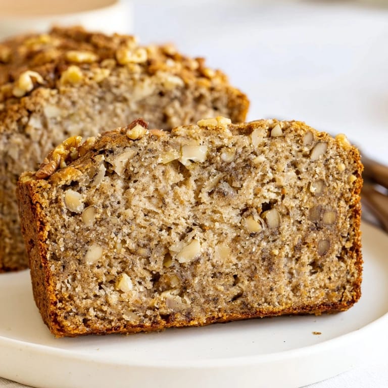 Slice of rich, ultra-moist Banana Nut Bread garnished with walnuts, delightful snack idea.  