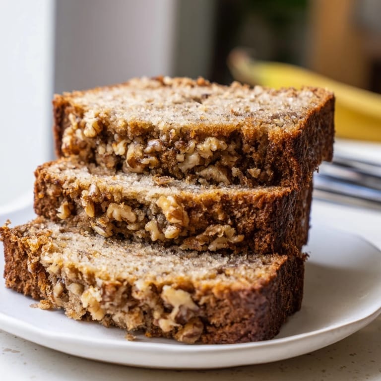 Golden brown Moist Banana Nut Bread, bursting with banana flavor and nutty texture.