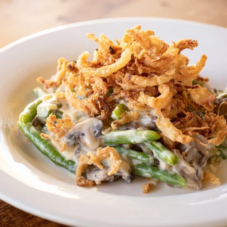 A comforting, oven-baked dish of Old-School Green Bean Casserole, perfect for Thanksgiving dinner.