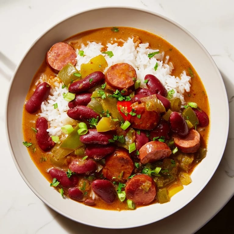 Hearty Red Beans & Rice, served hot over fluffy rice, garnished with fresh green onions; a comforting meal.