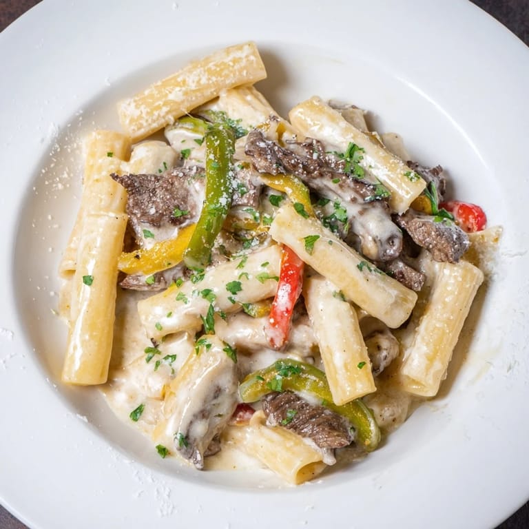 A creamy, cheesy Philly Cheese Steak Pasta dish featuring tender steak and colorful bell peppers.