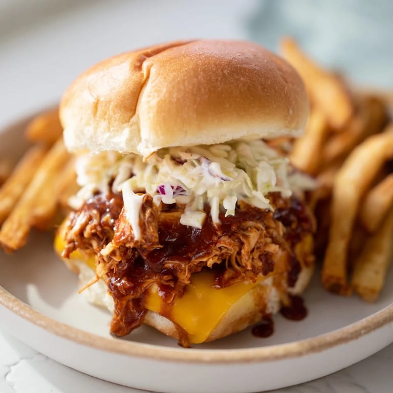 Close-up of juicy BBQ Chicken Sliders with melty cheese, plus a side of perfectly seasoned, crispy golden fries.