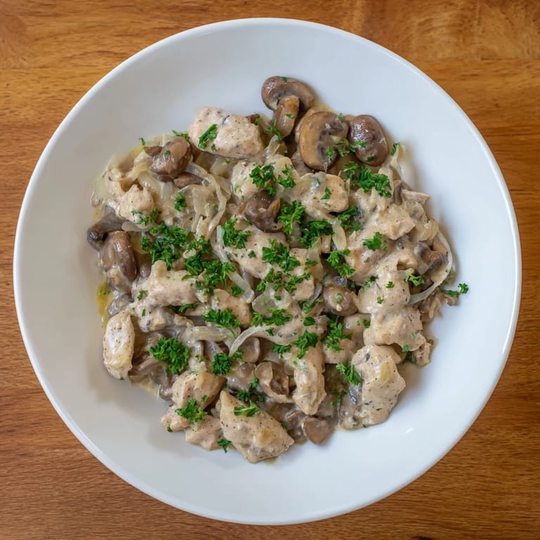 Golden-brown chicken strips simmer in a luscious sauce for this creamy Chicken Stroganoff recipe.