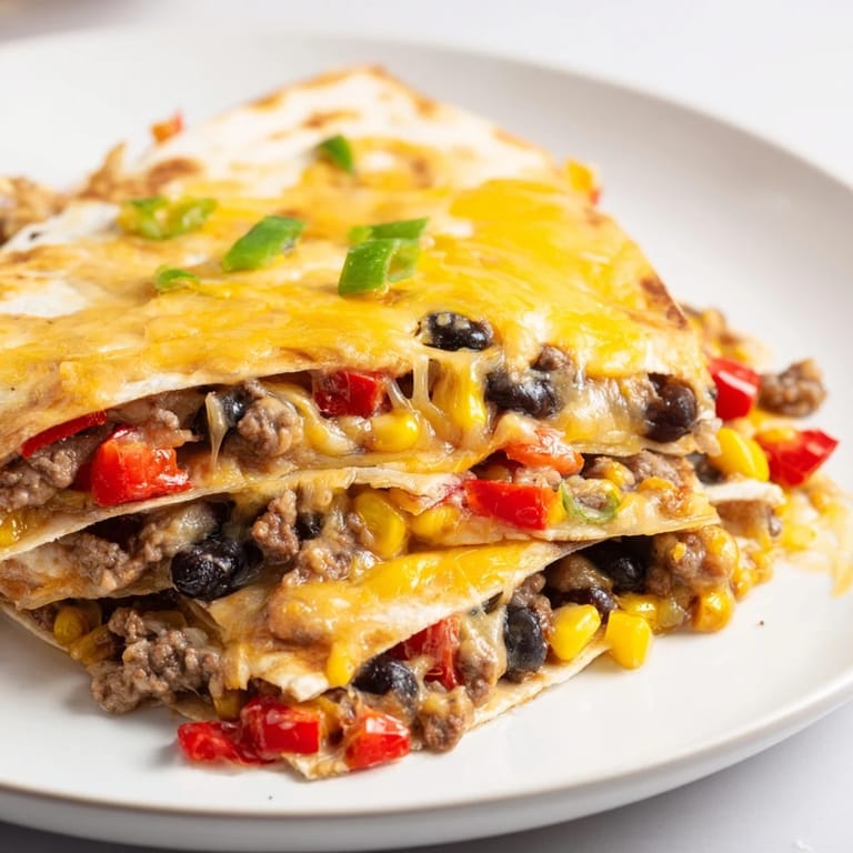 Melted cheese bubbling over seasoned beef and tortillas in these savory sheet pan quesadillas.