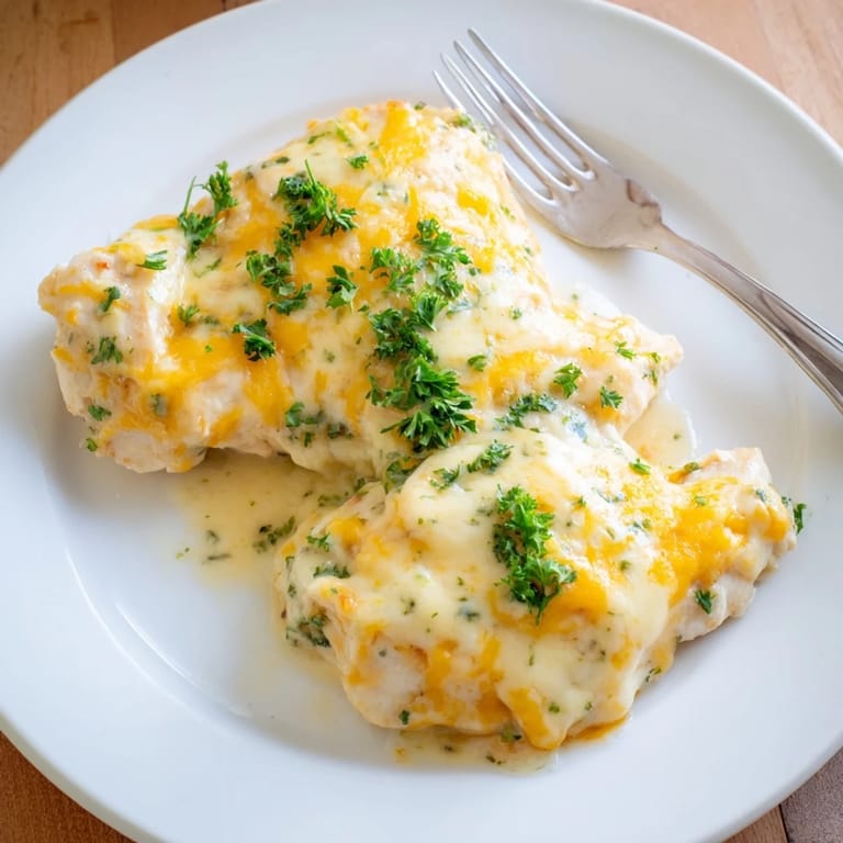 A close-up of a flavorful Cheddar Ranch Chicken Bake, with melted cheese and herbs.