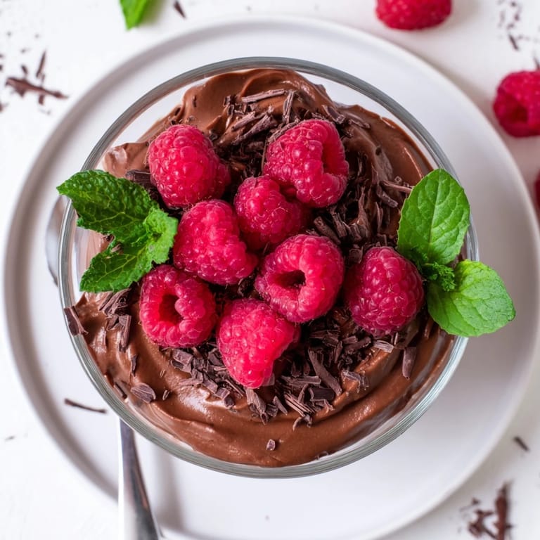 Luscious avocado chocolate mousse, a dairy-free dessert, garnished with fresh berries and chocolate shavings.