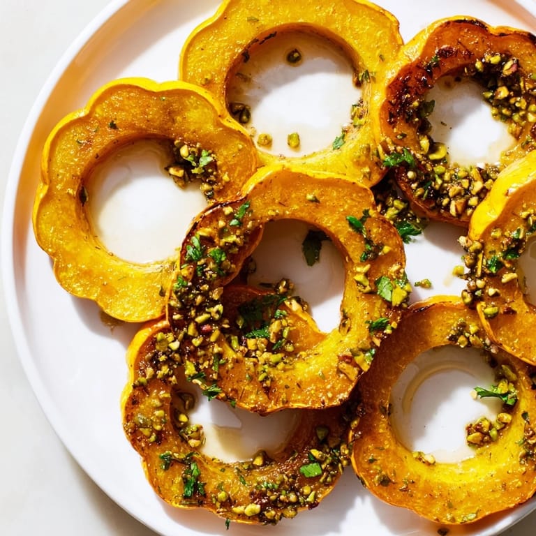 These colorful baked delicata squash rings are tender, with a festive topping of pistachios for flavor.