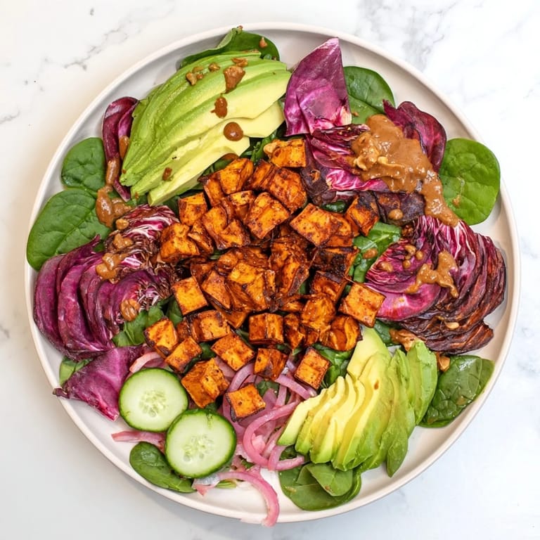 This colorful Spiced Peanut Sweet Potato Salad Bowl shows off warm sweet potatoes and a creamy peanut dressing.