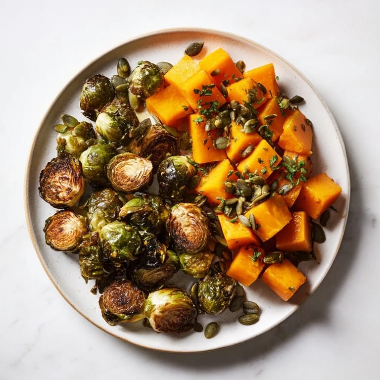 Warm, caramelized roasted Brussels sprouts and squash, drizzled with zesty orange dressing; a perfect side.