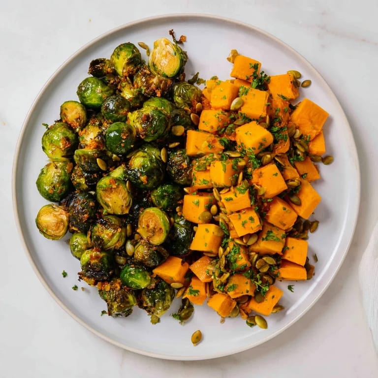 A close-up of the finished roasted Brussels sprouts & butternut squash, tossed in the delicious orange dressing.