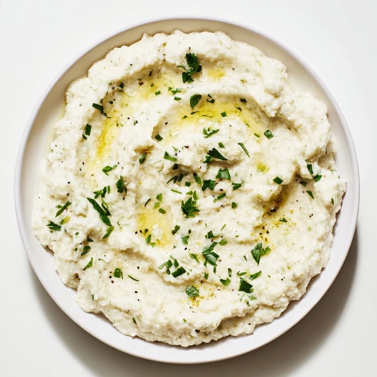 Fluffy cauliflower mash, a bright and flavorful side, perfect with roasted meats, garlic infused.
