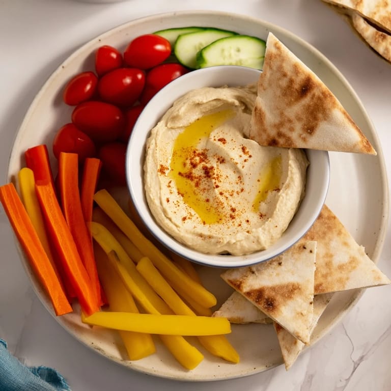 Fresh-baked pita alongside smooth hummus with olive oil, perfect for dipping veggie sticks.