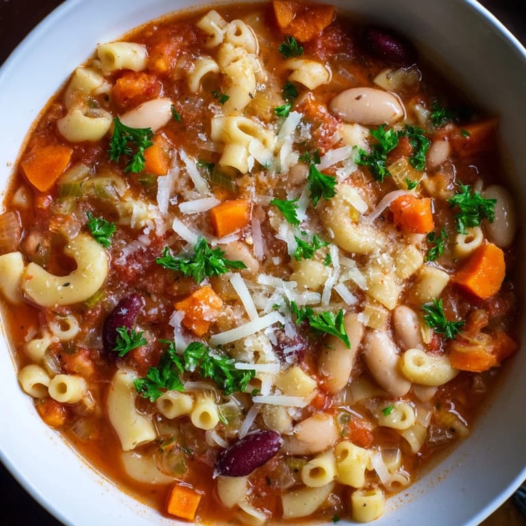 Close-up of a flavorful Pasta e Fagioli Soup, showcasing the beans, pasta, and broth.