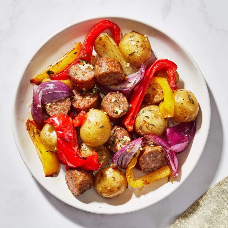 A flavorful sheet pan of Sausage with Peppers, Onions, and Potatoes, a colorful and easy weeknight dinner idea.